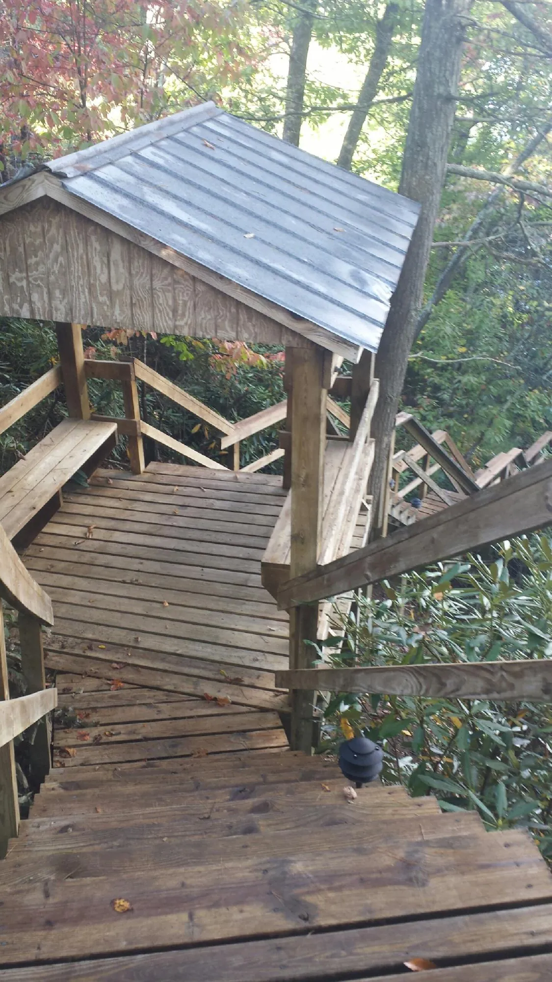 Metal roofed shelter over wooden steps on a wooded walkway — Skylight Repair & Installation work by our crew in Port Orford